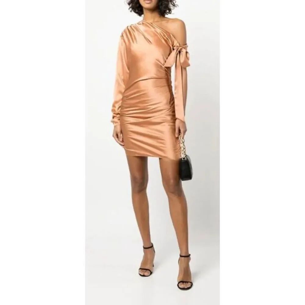 Cinq A Sept Thea Silk Ruched One-Shoulder Mini Dress Bronzer NWT Size 2